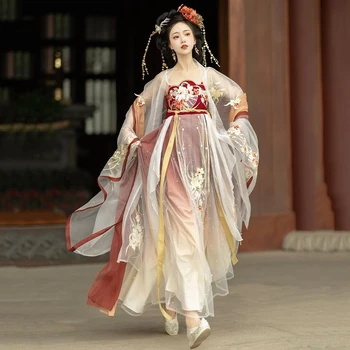 2023 Hanfu Женски ежедневното китайското традиционната рокля в стила на династията Тан, червено, улучшающее дължината на талията рокля с дълъг ръкав, рокля, костюм