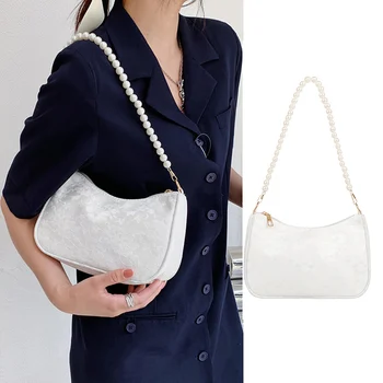 2023 Корейски модни дамски чанти за подмишниците, ретро жакард дантелени дамски чанти на рамо с перлената на веригата, градинска пътна чанта-тоут
