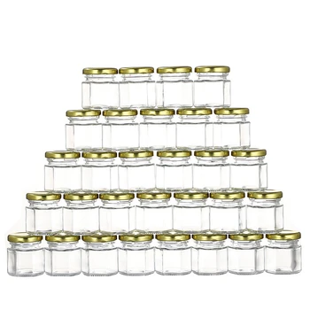 30 единици 45 мл шестиугольных стъклени буркани за мед със златни корици Запечатани стъклена бутилка Сватба, рожден ден, на връщане подаръци