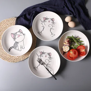 4/2 елемента, креативна керамична чиния с анимационни котка, детска посуда, плодови чиния чиния пържола, чиния за закуска, кухненски керамична чиния