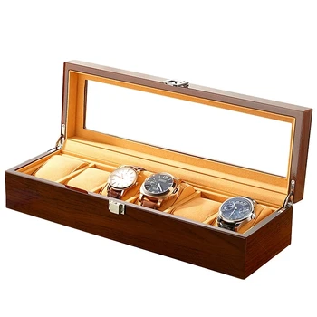 6 Слотовете Дървена кутия за часовници Прозорец Открит притежателя Кафяв органайзер Часовник Пръстен калъф за съхранение на бижута Дисплей Правоъгълна витрина