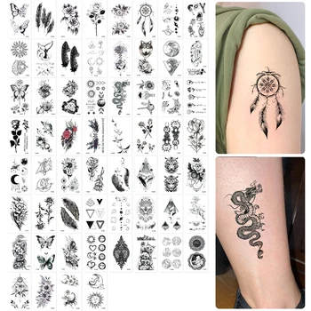 60 листа, водоустойчива черна малка татуировка от пера, женски фигура на тялото, временно стикери с татуировки, мъжки надписи на пръстите на краката, татуировка на лицето