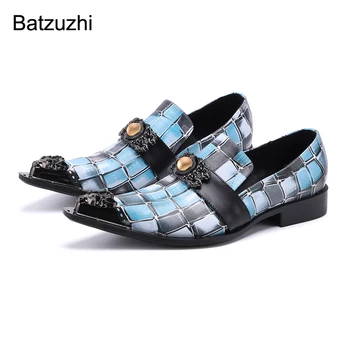 Batzuzhi/Новост 2021 г.; Мъжки обувки; Сини Модела обувки от естествена кожа, Мъжки Официални Бизнес Кожени Мъжки обувки за партита и Сватби, 38-46