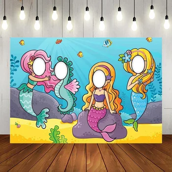 Cartoony банер с образа на русалки, на заден план, подпори, лицето, притворяйся, играйте в играта на тема морска риба, рожден ден, детски душ