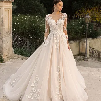 Challoner/ модерни сватбени рокли трапецовидна форма, женски сватбени рокли с дълги ръкави и аппликацией, сватбена рокля с дължина до пода, Vestidos, сшитое на поръчка е новост