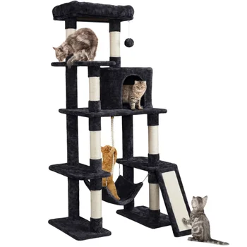 Easyfashion мулти-63-инчов кула от котешки дървесина за кухни, черна картонена рамка за катерене котки