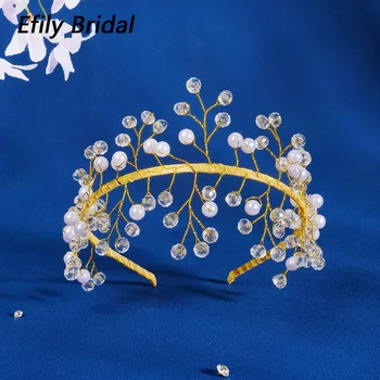 Efily Елегантни шапки във формата на сватбената корона от перли и страз, кристални сватбени аксесоари за коса, ръчно изработени бижута, дамски шапки, диадеми