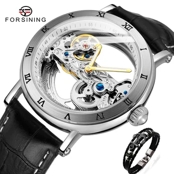 Forsining 208S Модни прозрачни механични часовници с виртуален скелет, мъжки кожени водоустойчив светещи стрелки, автоматични часовници в стил steampunk