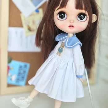 H01-A037 детска играчка ръчна изработка 1/6 ob24 azone blyth стоп-моушън облекло Сладък Мечка Куклено рокля с деколте, бял цвят, 1 бр.