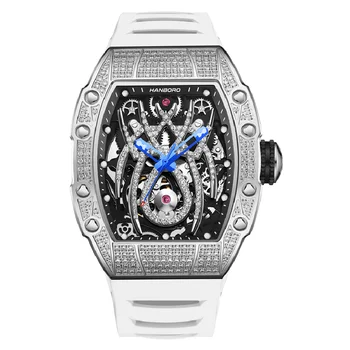 HANBORO Мъжки автоматични часовници, луксозни часовници, механични часовници, светлинен корпус с виртуален скелет, водоустойчив каишка от каучук, crystal