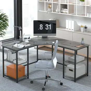 L-образна маса с двойни рафтове, голяма компютърна ъглово бюро за домашния офис, маса за лаптоп с място за съхранение - Boak
