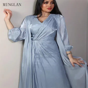 MINGLAN, елегантен V-образно деколте, дълъг ръкав, плисе, дълга синя рокля трапецовидна форма, модерен просто вечерна рокля с дължина до глезена, новост 2023