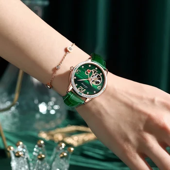 OLEVS Модни зелени автоматични механични часовници за жени, луксозни кожени водоустойчив светещи кухи ръчен часовник с диаманти, женски