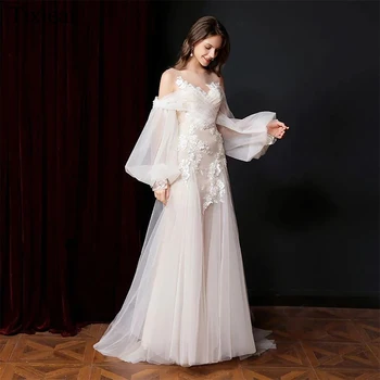 TIXLEAR, очарователен сватбени рокли за жени, апликации във формата на сърце, тюлевые дантелени ръкави, с пищни ръкави, страхотно драпированное рокля на булката