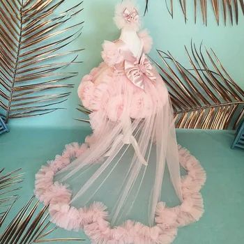 Tulle Pink Flower Girl Dresses Sleeveless Girls Princess Satin Wedding Party Gowns Applique Detachable train рокля за момичета