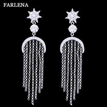 Бижута FARLENA, обеци със сребърно покритие-капки във формата на Луната и звездите, инкрустация кристал на цирконий, обици с дълги пискюли за жени