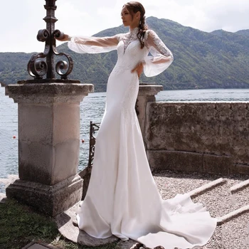 Винтажное бяла сватбена рокля с V-образно деколте, дълги ръкави-фенери, дантелени апликации, плажна рокля-калъф, роклята на булката, струята на копчета, сватбената рокля de mariée
