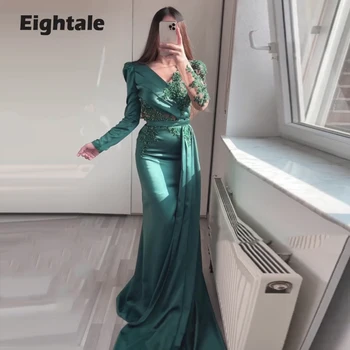 Восьмицветные вечерни рокли на Русалка с дълги ръкави и V-образно деколте и апликации, сатенени гънки от мъниста, арабо-зелени рокли за бала 2022