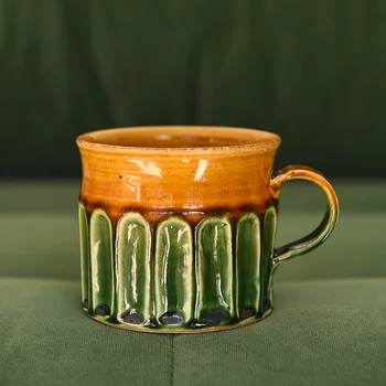 Груба керамика ръчна изработка, зелен, тъмно син, карамел, ретро, издълбани цвете, чашата за кафе, маркова чаша