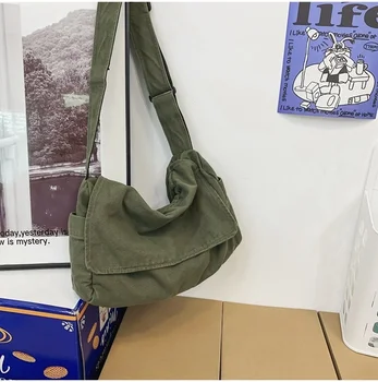 Дамски холщовая тъканно чанта-скитник, мека наплечная чанта с припокриване, Y2K, за студентски отдих, среден размер, училищна книга, чанта за лаптоп, странични чанта-месинджър