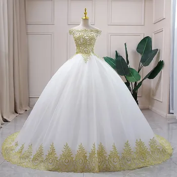 Дантелено сватбена рокля цвят шампанско 2021 с открити рамене, просто бална рокля на принцеса сватбена рокля Vestido De Noiva