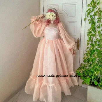 Детски рокли за бала от розова органза трапецовидна форма, с дълъг ръкав и квадратни деколтета, рокли на принцеси за партита с дължина до пода, премяна