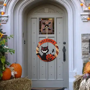 Добре дошли знак на Хелоуин Творчески окачен добре дошли знак на вратата на Хелоуин тиква Призрак черна котка за украса на врати и прозорци