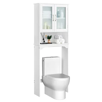 Дървен шкаф за съхранение на SmileMart над тоалетна, 3 рафта за баня, бели рафтове за баня, органайзер за баня