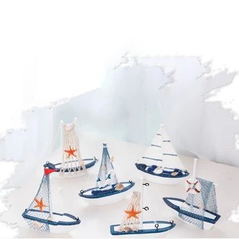 Дървена синя плаване с лодка, за украса в средиземноморски стил, морски дървени изделия за декорация на дома, вечерни украса