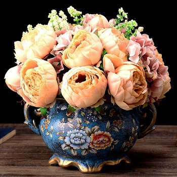 Европейската креативна керамична ваза + изкуствен набор от Украса украса Украса за дома Хол маса за хранене договореност занаяти