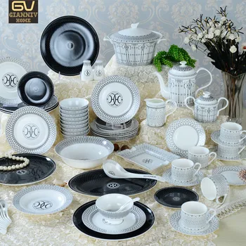 Европейската луксозни керамични съдове с 69 глави, комплект чинии от костен порцелан, чиния, купа, лъжица, кафе, определени