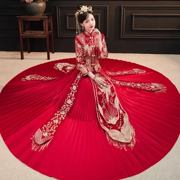 Жена винтажное вечерна рокля с бродерия на Феникса, кралски сватбен костюм на булката Чонсам, китайски традиционен костюм от епохата на Тан Ципао