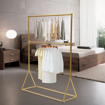 Златна закачалка за дрехи свободно стояща закачалка за дрехи, витрина дрехи за магазин дрехи в хола