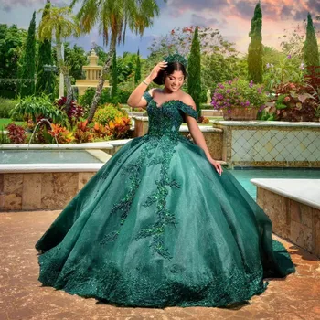Изумрудено-зелена блестяща бална рокля с открити рамене, кривата рокли, скъпа 16-годишната принцеса, дантела и мъниста с аппликацией, рокли за абитуриентски бал, Vestido De