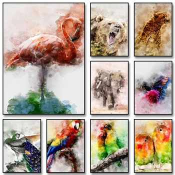 Картини върху платно с животни, плакати и щампи с акварел Фламинго, стенно художествено изображение за всекидневната, Куадрос, декорация на дома