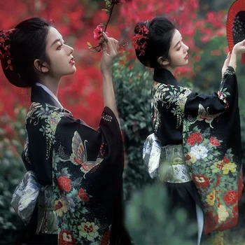 Кимоно-Секси вечерна рокля Традиционен костюм кимоно юката Cosplay Японската фотография Ретро малка блуза с вибрираща ръкав рокля