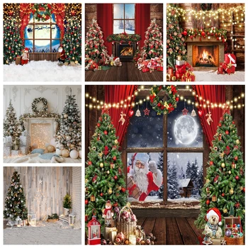 Коледен фон на Прозореца Луната камина Коледно дърво, Подаръци, играчки, Дядо коледа, Снежен човек на рождения Ден на детето Семейно парти фон за снимки