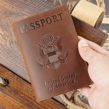 Корици за паспорти на Съединените Щати от естествена кожа, притежател на паспорт САЩ, защита на приспособление за пътуване, здрав ретро чанта за носене от естествена кожа