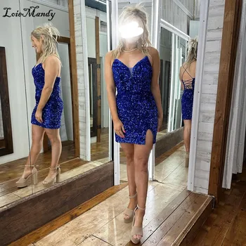 Кралски сини къси коктейлни рокли 2023 Блестящи пайетки Летни Макси рокли за бала Гореща разпродажба Vestidos de graduación