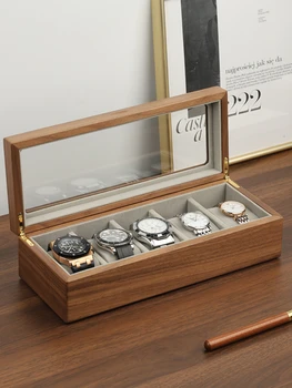Кутия за часовници от масив от черен орех, кутия за съхранение, прозрачен висококачествен ковчег за бижута, висококачествени домакински бижута, гривна, дървена кутия за