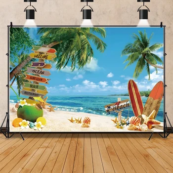 Летни фонове, за снимки на плажа, дъска за сърф, палми в хавайска тематика, детски душ, рожден ден, сватба фон за снимки