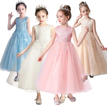 Лятна бебешка рокля с дължина до пода за момичета в едно цвете, бяло-розово дантелено рокля за сватби, тържества за рожден ден, партита, тюлевое принцеса рокля, размер 4-14