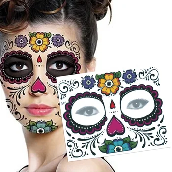 Мексикански ден маска от захар черепа, Хелоуин, готина татуировка на лицето, водоустойчив горещи временни татуировки, етикети за грим, парти
