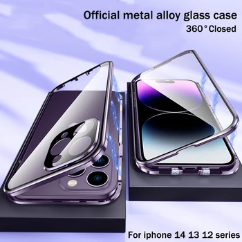 Метален Магнитен Калъф За iPhone 12 13 14 Pro Max 360 ° е Напълно Затворен Защитен калъф от Алуминиева сплав HD glass За iPhone14 Cover