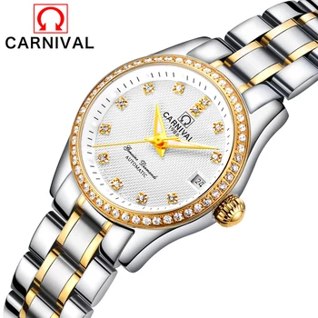 Механични часовници за жени, автоматични елегантни дамски водоустойчив класически часовници, луксозни маркови дамски часовници Carnival от неръждаема стомана