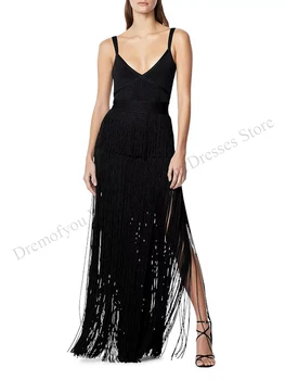 Модерни черни рокли за бала на спагети презрамки и без ръкави, трапецовидна форма, с дължина до пода, с стреловидным влак, вечерна празнична облекло за партита, лято 2023