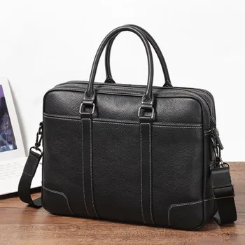 Мъжка кожена чанта за двоен цип, мъжка бизнес чанта за лаптоп, мъжки офис портфейл за хартия с формат А4