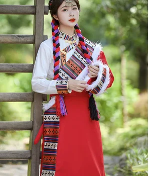 Нов женски тибетски роба, дълга рокля в етнически стил и комплект от две части