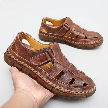 Нови летни мъжки сандали, модерни римски сандали изработени ръчно, мъжки ежедневни обувки от дишаща естествена кожа, големи размери, улични плажни сандали на равна подметка
