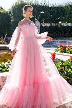 Нови Розови рокли за Абитуриентски бал за жените, Фатиновые Рокли Трапецовидна форма, с Дълги Ръкави и шнур Отзад, за Тържествен повод, Vestidos Para Mujer, 2023